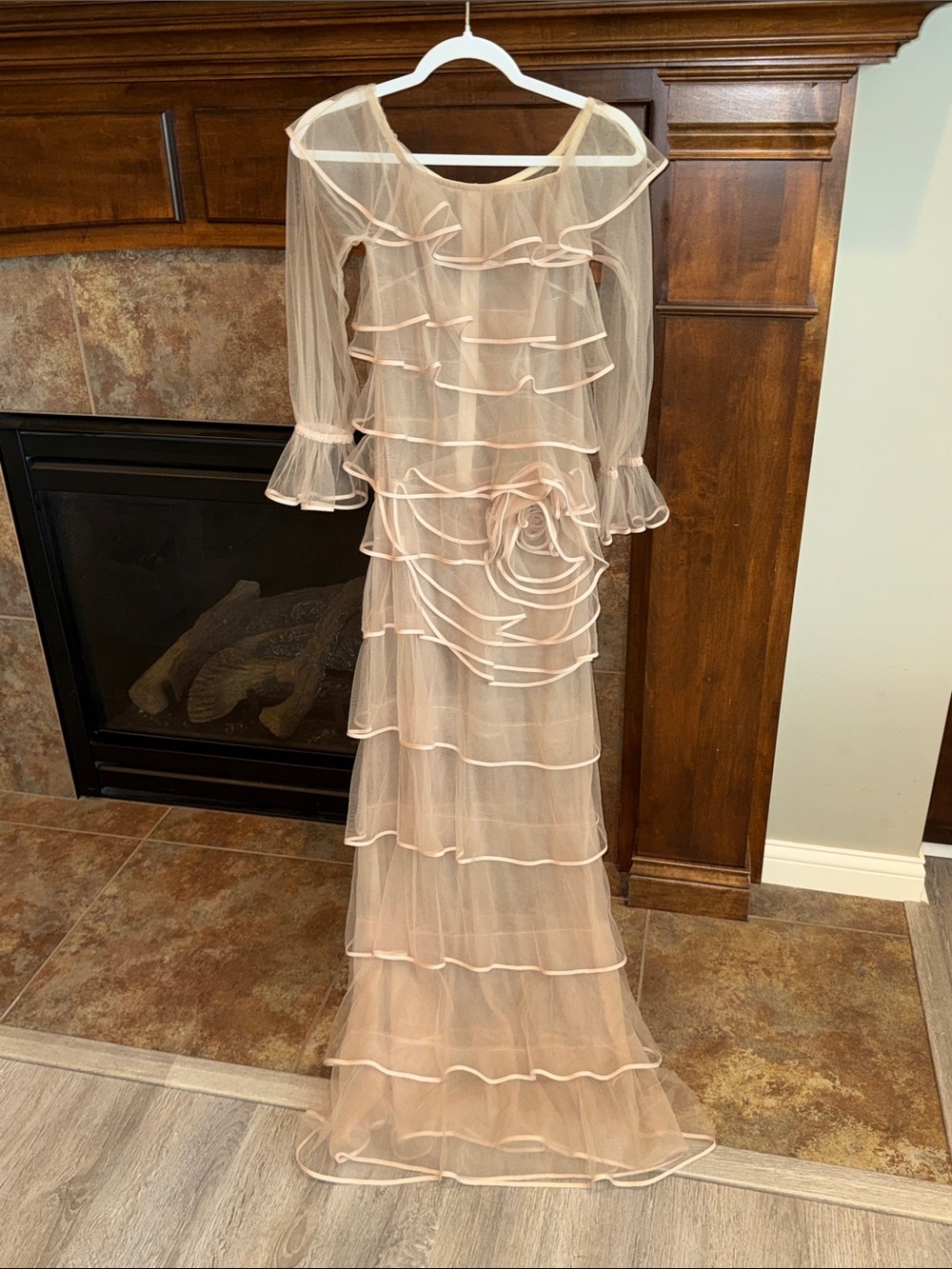 DATT designer ivory sheer mesh long sleeve maxi dress ruffles wedding XXS/ XS